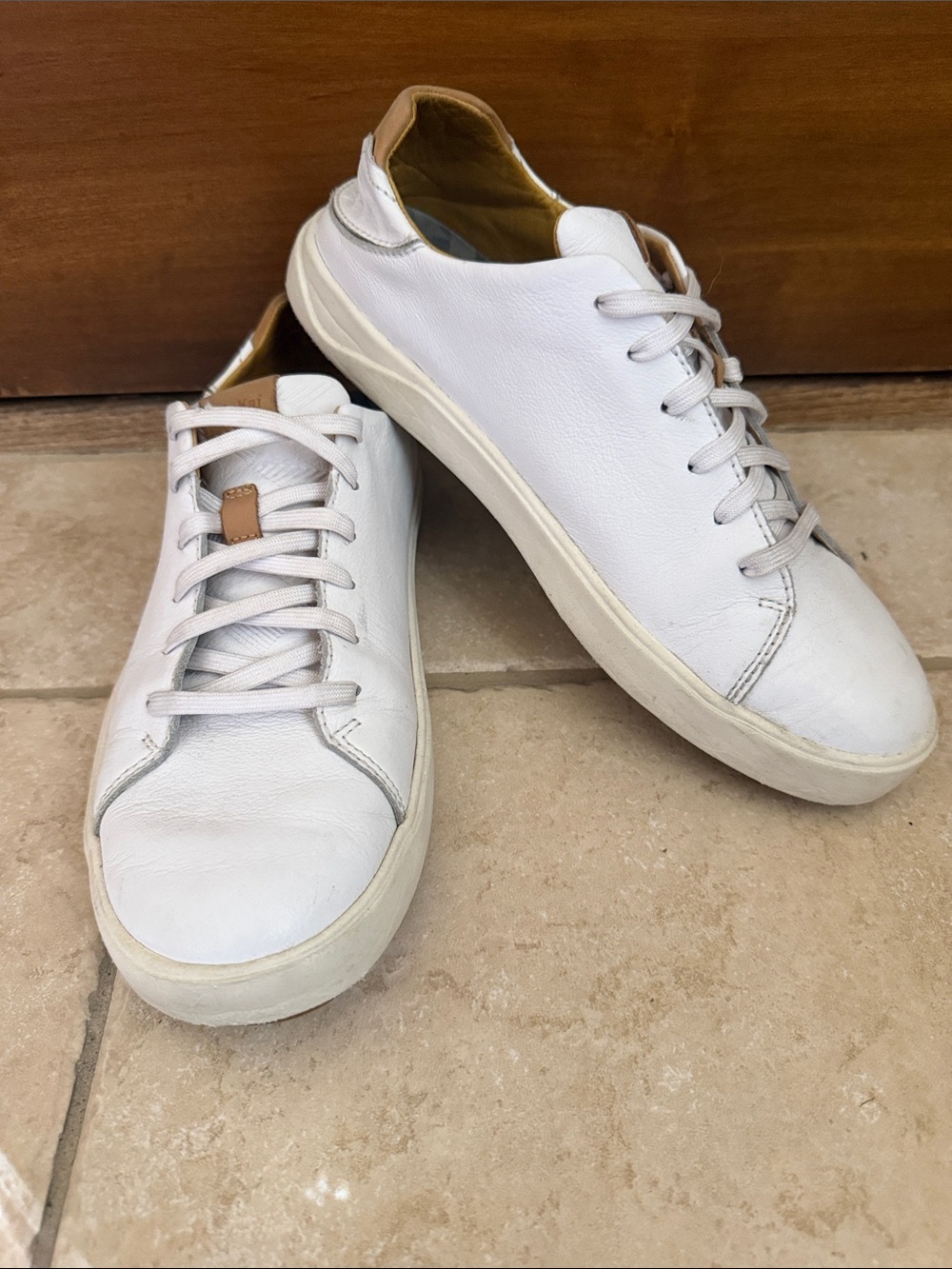 OluKai Lae’ ahi Li lli White Leather Sneakers with Tan Heel Accent